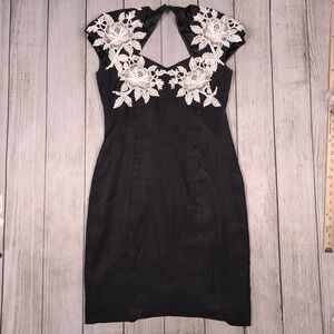 Vintage 80s NightWay Floral Lace Cocktail Dress Party Black Dress Size 10